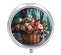 Lady Holding A Basket Pill Box 3 Compartment Travel Pill Organizer 3 Times A Day Cute Mini Pill Case for Purse & Pocket Portable Metal Medicine Box with Mirror Round Daily Medicine Vitamin Container