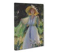 Lady In A Summer Garden By Charles Curran Canvas Print | Gallery Wrapped 30mm Frame Wall Art | 24x16 inches | Ready to Hang | Classic Floral Picture | Living Room Bedroom Lounge Office