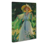Lady In A Summer Garden By Charles Curran Canvas Print | Gallery Wrapped 30mm Frame Wall Art | 30x20 inches | Ready to Hang | Classic Floral Picture | Living Room Bedroom Lounge Office