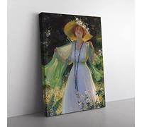 Lady In A Summer Garden By Charles Curran Classic Painting Canvas Wall Art Print Ready to Hang, Framed Picture for Living Room Bedroom Home Office Décor, 60x40 cm (24x16 Inch)
