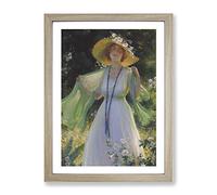 Lady In A Summer Garden By Charles Curran Classic Painting Framed Print | A4 Oak Framed Wall Art | Ready to Hang | Classic Floral Picture | Living Room Bedroom Lounge Office
