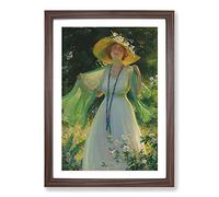 Lady in A Summer Garden by Charles Curran Framed Print | A2 Walnut Framed Wall Art | Ready to Hang | Modern Floral Picture | Living Room Bedroom Lounge Office