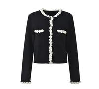 Lady O-Neckline Long Sleeve Hook Flowers Wear Women Beading Casual Knits Cardigan Black S(US-4)