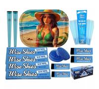 Lady On The Beach Theme Rolling Tray Kit King Size Papers Blue Cones Tips and Storage Tube