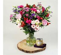 Lady Penelope Fresh Flower Bouquet With Scented Candle Gift Set, Romantic Mixed Roses And Seasonal Blooms, Luxury Valentine’s Day Flowers For Her, Hand Tied Arrangement, UK Delivery