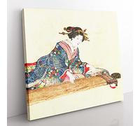 Lady Playing the Koto Asian Japanese Canvas Wall Art Print Ready to Hang, Framed Picture for Living Room Bedroom Home Office Décor, 35x35 cm (14x14 Inch)