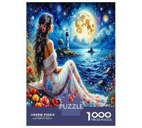 Lady Sea Moon 1000 Pieces Jigsaw Puzzle Romantic Coastal Grace Premium Jigsaw Puzzle Extra-Thick Cardboard Jigsaw Puzzle Collector Mind Relaxation Office Break Travel 38x26cm/1000pcs