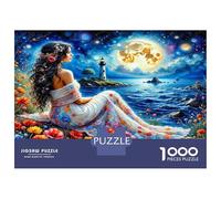 Lady Sea Moon 1000 Pieces Jigsaw Puzzle Romantic Coastal Grace Premium Jigsaw Puzzle Premium Cardstock Senior Enthusiasts Concentration Training Housewarming Gift Indoor Leisure 52x38cm/1000pcs