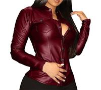 Lady top Casual Solid Color Women Shirt Slim fit Faux Leather durable Cool V Neck Blouse for Daily Wear Wine Red XL