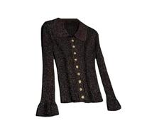 Lady Turn-Down Collar Long Sleeve Single-Breasted Casual Coat Women Knits Solid Slim Cardigan Black S(US-4)