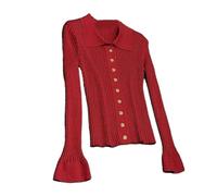 Lady Turn-Down Collar Long Sleeve Single-Breasted Casual Coat Women Knits Solid Slim Cardigan Burgundy S(US-4)