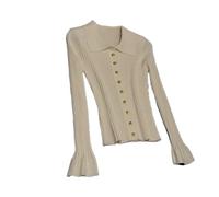 Lady Turn-Down Collar Long Sleeve Single-Breasted Casual Coat Women Knits Solid Slim Cardigan White S(US-4)