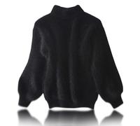 Lady Winter Angora Cashmere Blend Loose Warm Sweater, Loose Solid Color Crewneck Knit Pullover Sweater, Casual Thick Fleece Turtleneck Sweater, Warm Sweater Top (L,Black)