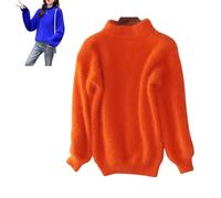 Lady Winter Angora Cashmere Blend Loose Warm Sweater, Solid Color Crewneck Knit Pullover Fluffy Sweater (Orange,One Size)
