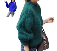Lady Winter Angora Cashmere Blend Loose Warm Sweater, Solid Color Crewneck Knit Pullover Fluffy Sweater (Green,One Size)