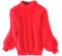 Lady Winter Cashmere Blend Loose Warm Sweater, Loose Solid Color Crewneck Knit Pullover Sweater, Casual Thick Fleece Turtleneck Sweater, Fluffy Plush Jumper, Warm Sweater Top (Red,One Size)