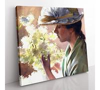 Lady With A Bouquet by Charles Curran Classic Painting Canvas Wall Art Print Ready to Hang, Framed Picture for Living Room Bedroom Home Office Décor, 50x50 cm (20x20 Inch)