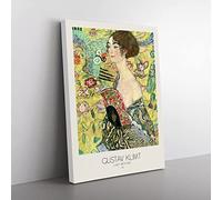 Lady With Fan With Border By Gustav Klimt Classic Painting Canvas Wall Art Print Ready to Hang, Framed Picture for Living Room Bedroom Home Office Décor, 50x35 cm (20x14 Inch)