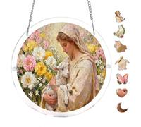 Lady with Lamb Surrounded by Bright Flowers Vintage Acrylic Puzzle 7.4 Inch | "Lady with Lamb Surrounded by Bright Flowers" - acrylic puzzle, sturdy & durable pieces, vibrant colors & sharp printing