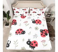 Ladybird Fitted Sheet Kids Flower Floral Ladybird Bedding Set for Boys Girls Teens White Bed Sheet Set Breathable Kawaii Bed Cover Deep Pocket Room Decor Cartoon Double