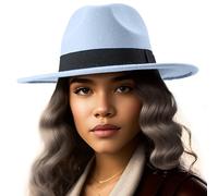 LADYBRO Fedora Hats for Women Wide Brim Hat, Incld 3 Decor Belts, Wool Felt, 58cm Adjustable Women's Fedora, P23 Pale Blue, 6.875-7.25