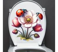 Ladybug and Floral Toilet Cover Sticker Decals,Spring Flower Leaf Butterfly Waterproof Toilet Lid Tank Seat Decals Cistern Self-Adhesive Bathroom Wall Sticker