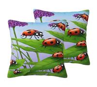 ladybug and green leaves -Print Imitation Linen Pillowcase Set Of 2 - Breathable Reversible Covers Hidden Zipper For Sofa & Bed Decor.22"x22"