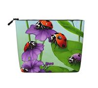 Ladybug and Green Leaves Single Layer Linen Like Makeup Bag, Lightweight and Cute, Easy to Use