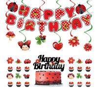 Ladybug Birthday Party Decoration Set with Banner, Cake Topper, Hanging Swirls, Cupcake Toppers, Red and Black