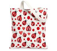 Ladybug Canvas Tote Bag for Women, Playful Fanciful Heart Circle Spring Red Washable Reusable Shopping Bags Ideas for Outdo, Red, 13x15 Inch