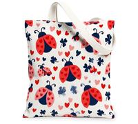 Ladybug Canvas Tote Bag for Women, Playful Fanciful Heart Shamrock Spring Red Washable Reusable Small Tote Bags Ideas for O, Red, 13x15 Inch