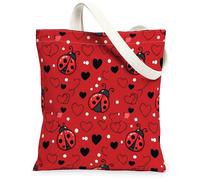 Ladybug Canvas Tote Bag for Women, Playful Fanciful Hearts Dots None Red Washable Reusable Grocery Bag Ideas for Family Friends Colleagues Reading Loves 13x15 Inch
