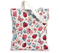 Ladybug Canvas Tote Bag for Women, Spring Fanciful Butterfly Flower Spring Red Washable Reusable Market Tote Ideas for Outd, Red, 13x15 Inch