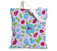 Ladybug Canvas Tote Bag for Women, Spring Playful Flower Leaf Spring Light Violet Washable Reusable Small Tote Bags Ideas for Shopping Trips Office Library Casual 13x15 Inch