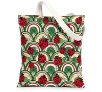 Ladybug Canvas Tote Bag for Women, Spring Playful Shamrock Chrysanthemum Spring Red Washable Reusable Small Tote Bag Ideas, Red, 13x15 Inch