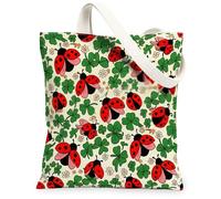 Ladybug Canvas Tote Bag for Women, Spring Playful Shamrock Flower Spring Red Washable Reusable Small Tote Bags for Shopping Brunch Park Library Day Trips 13x15 Inch