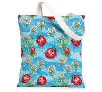 Ladybug Canvas Tote Bag for Women, Spring Playful Shamrock Water Droplets Spring Red Washable Reusable Aesthetic Tote Bag I, Red, 13x15 Inch
