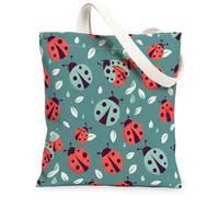 Ladybug Canvas Tote Bag for Women, Summer Playful Leaf Droplet Summer Red Washable Reusable Market Tote Bag Ideas for Outdo, Red, 13x15 Inch