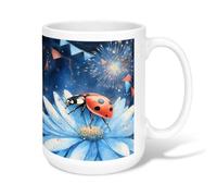 Ladybug Ceramic Coffee Mug, Festive Fanciful Flower Bunting Summer Blue Novelty Tea Cup with Handle Ideal for Friends Family Lovers Eldership Senior Co-Worker 15 Oz