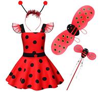 Ladybug Costume for Girls, Girls' Ladybug Dress, Red Polka Dot Tutu Costume with Wand a Ribbon, Ladybug Wing for Hair for Halloween Carnival Costume Set