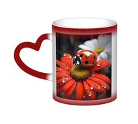 Ladybug Daisy Coffee Mug with Handle 11 Oz, Color Changing Cups In The Sky, Heat Sensitive Magic Funny Art Mug, Unique Coffee Tea Cup Porcelain Mugs Gift for Women Men Red