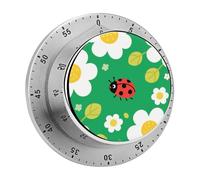 Ladybug Flower Print Kitchen Timer 60 Minute Visual Wind Up Timers Indoor Mechanical Timers with Magnetic Base Stainless Steel Timer for Home Cooking Time Management Tool