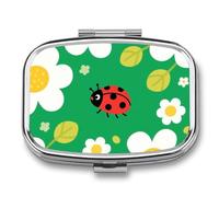 Ladybug Flower Print Pill Box Travel Pill Organizer 2-Compartment with Mirror Design Portable Square Medicine Case for Vitamins, Jewelry & Essentials Durable Pocket Pillcase for Purse, Camping