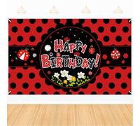 Ladybug Happy Birthday Backdrop Banner 6x3.6ft/71x43 Inch, Cute Ladybird Red and Black Polka Dots Decor Background Photo Booth Props for Girls Kids Women Lady Bday Party Baby Shower Decoration