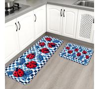 Ladybug Kitchen Mats for Floor, Red Insects Checkerboard Soft Mats, Spring Cushioned Comfort Washable Decor Rugs for Kitchen Sinks Laundryroom Bathroom 2pcs