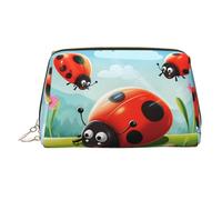 Ladybug landscape Makeup Bag for Women Cosmetic Bags Leather Travel Makeup Case Organizer Waterproof Make up Pouch Open Flat Toiletry Bag Portable Storage Pouch for Travelling, Gold, One Size