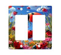 Ladybug Light Switch Cover Plates/Outlet Covers, Red and Green Spring Flowers for Home Decor, Thermoplastic Wall Plates, Standard Size Double Rocker