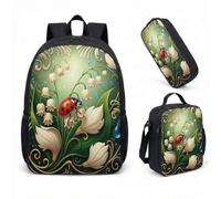 Ladybug Lily of the Valley 17 Inch Backpack 3 Piece Set, Realistic Floral Pattern School Bag for Students, Nature Botanical Daypack (01)