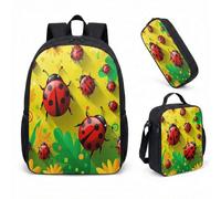 Ladybug Lily of the Valley 17 Inch Backpack 3 Piece Set, Realistic Floral Pattern School Bag for Students, Nature Botanical Daypack (08)