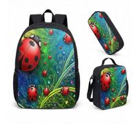 Ladybug Lily of the Valley 17 Inch Backpack Set 3 Pcs Kids School Bag Nature Print Fantasy Art Floral Illustration (08)